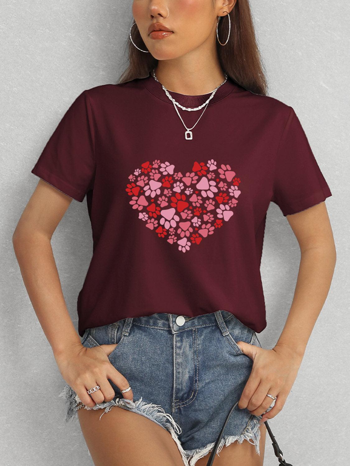 Heart Round Neck Short Sleeve T-Shirt - Trendy by Luna