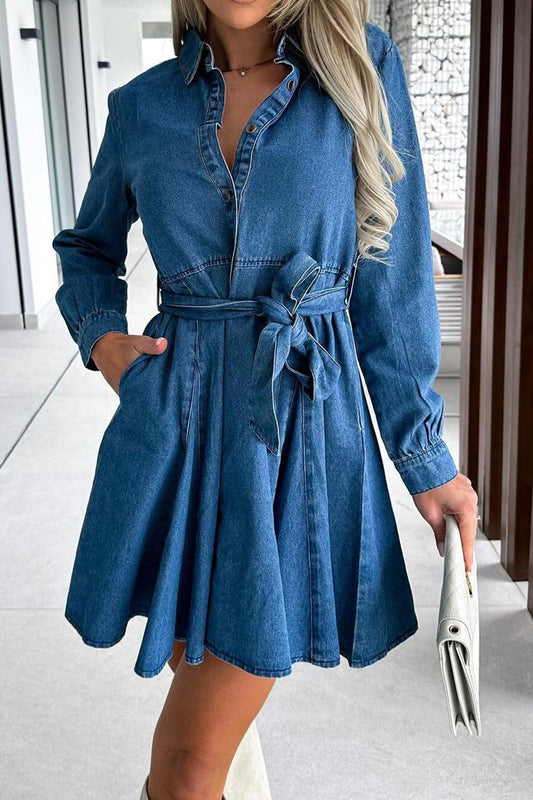 Tied Half Button Long Sleeve Denim Dress - Trendy by Luna