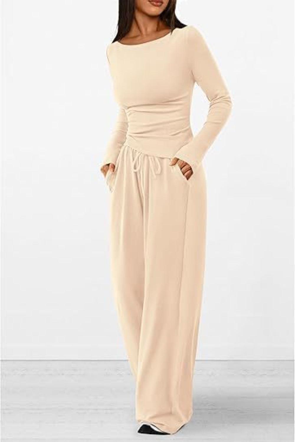 Round Neck Long Sleeve Top and Pants Set - Trendy by Luna