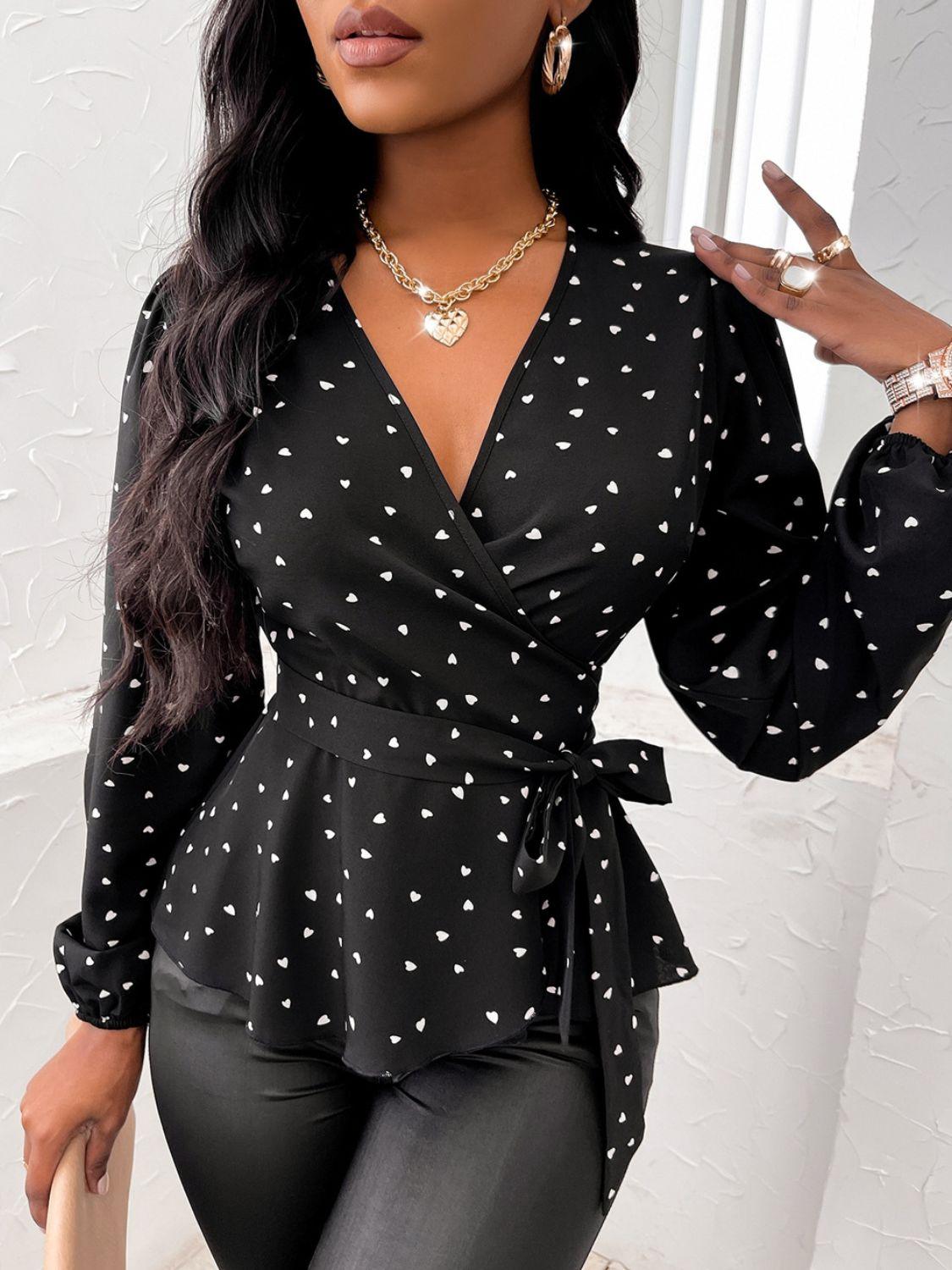 Heart Print Surplice Balloon Sleeve Blouse - Trendy by Luna