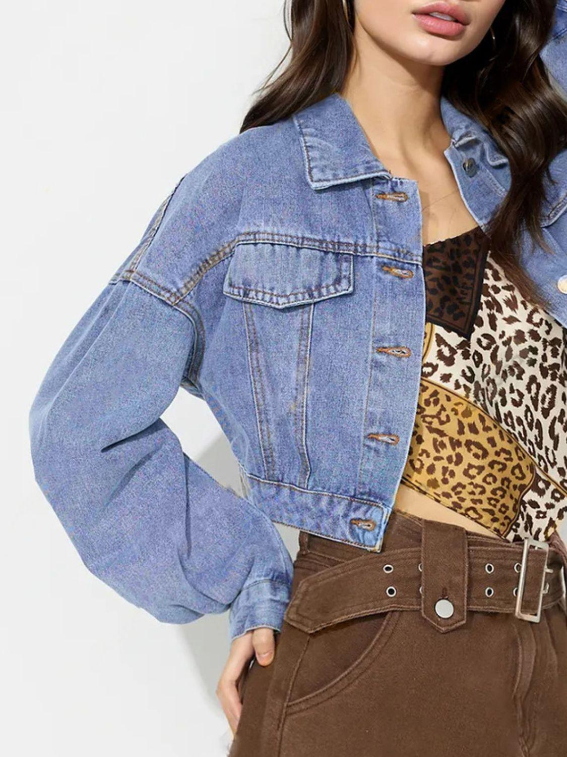 Collared Neck Dropped Shoulder Cropped Denim Top - Trendy by Luna