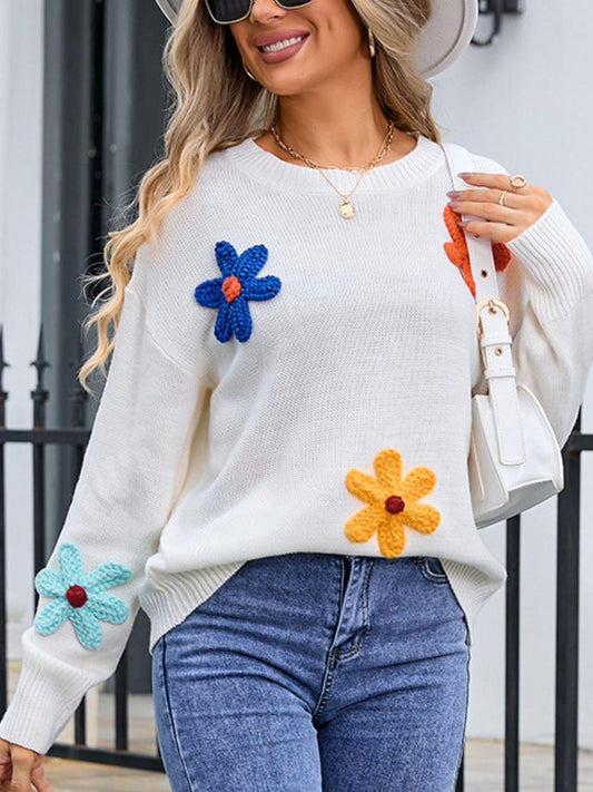 Angel Wings Crochet Flower Round Neck Sweater - Trendy by Luna