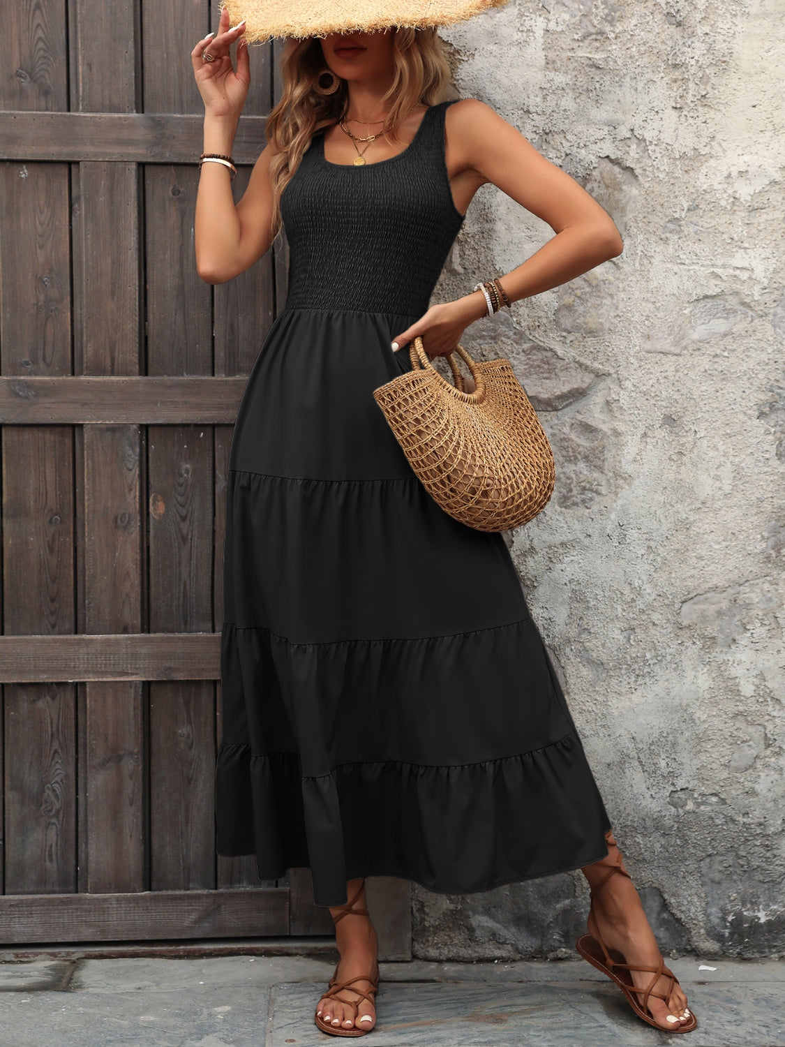 Smocked Scoop Neck Sleeveless Tank Dress - Trendy by Luna