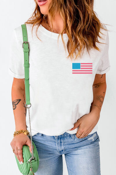 US Flag Round Neck Short Sleeve T-Shirt - Trendy by Luna