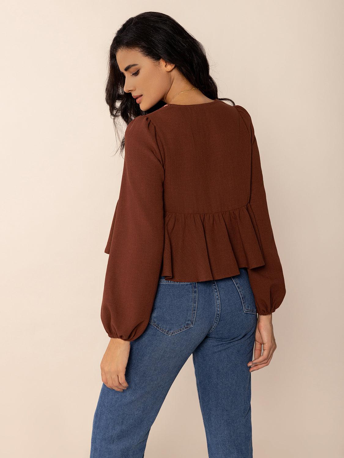 Peplum Tied V-Neck Long Sleeve Blouse - Trendy by Luna