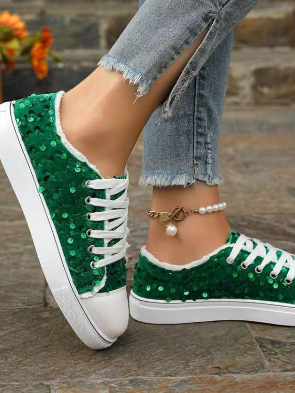 Sequin Round Toe Flat Sneakers - Trendy by Luna