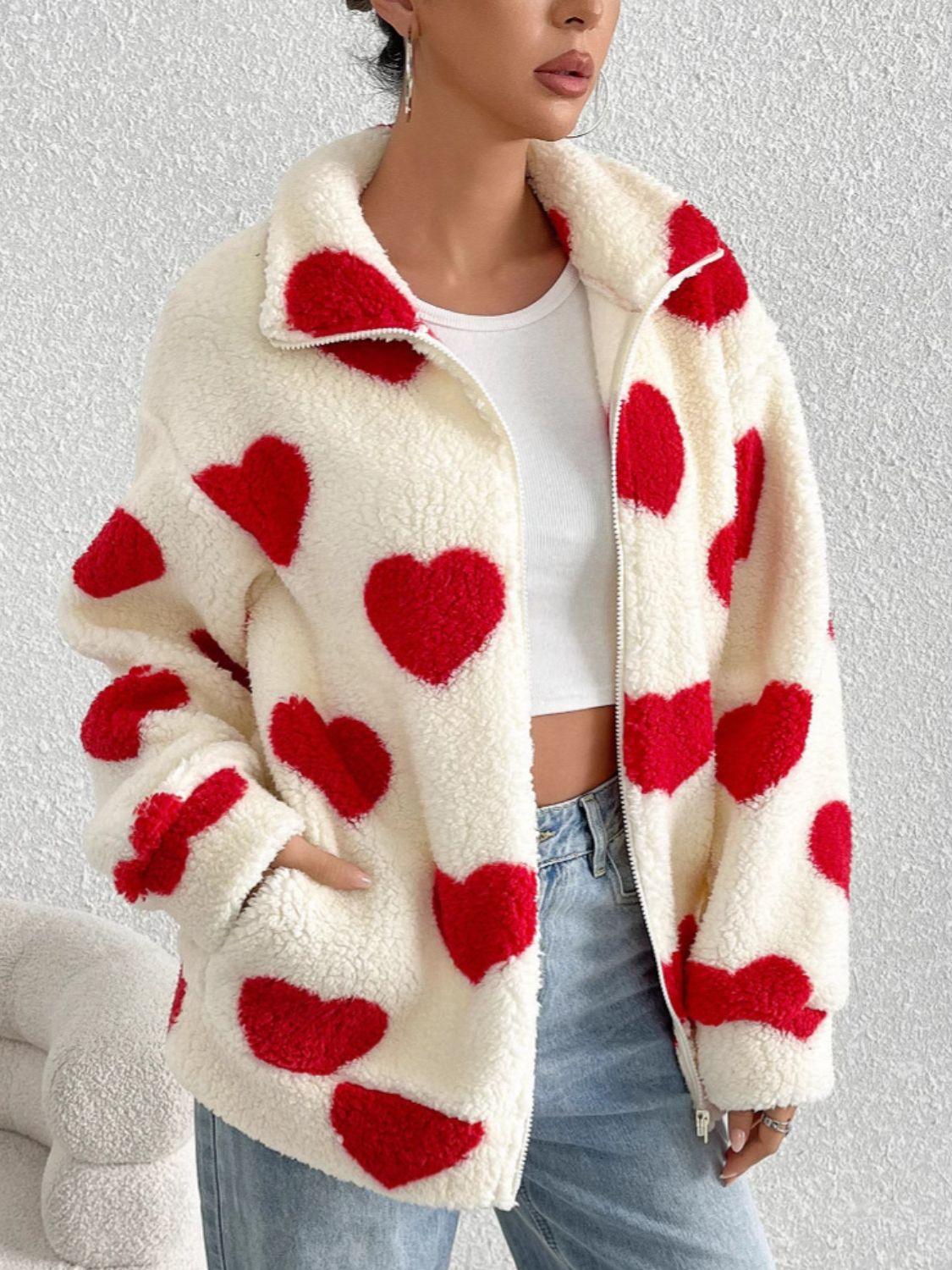 Heart Zip Up Drop Shoulder Furry Jacket - Trendy by Luna