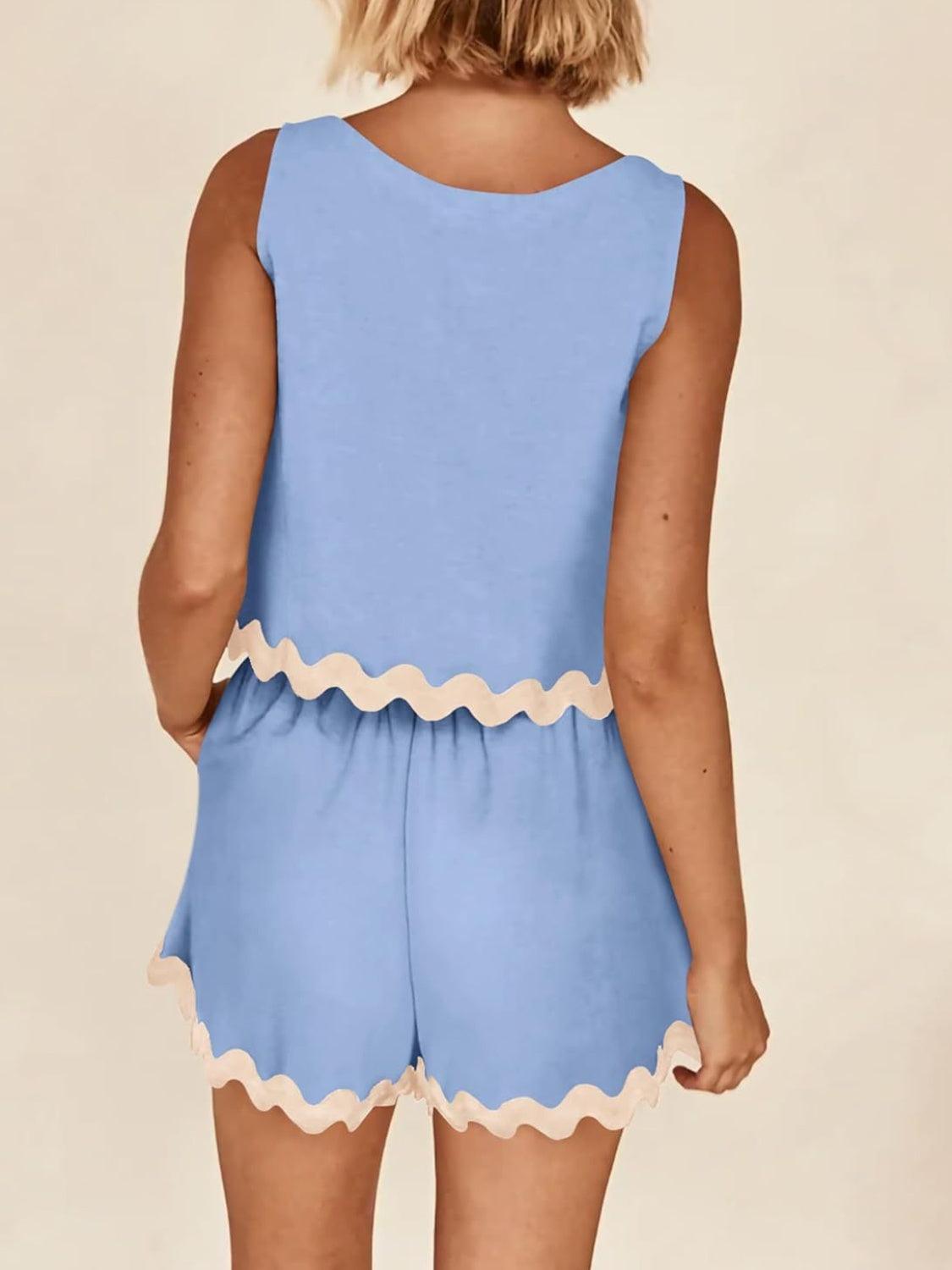 Contrast Trim Sleeveless Top and Shorts Set - Trendy by Luna