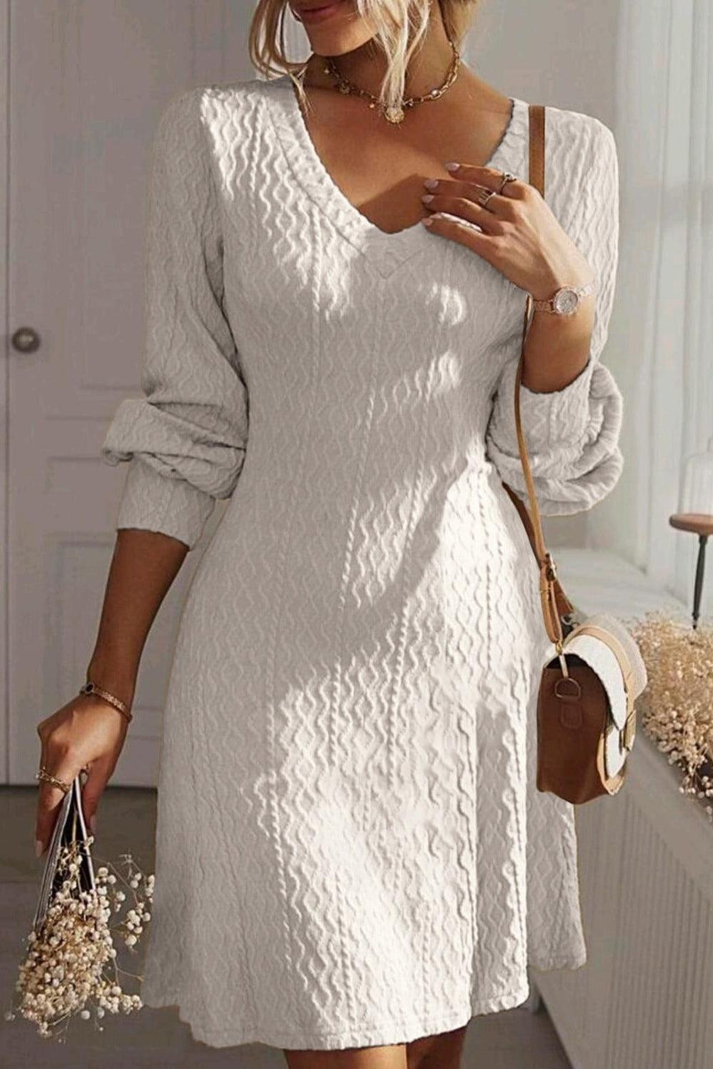 Texture V-Neck Long Sleeve Dress - Trendy by Luna