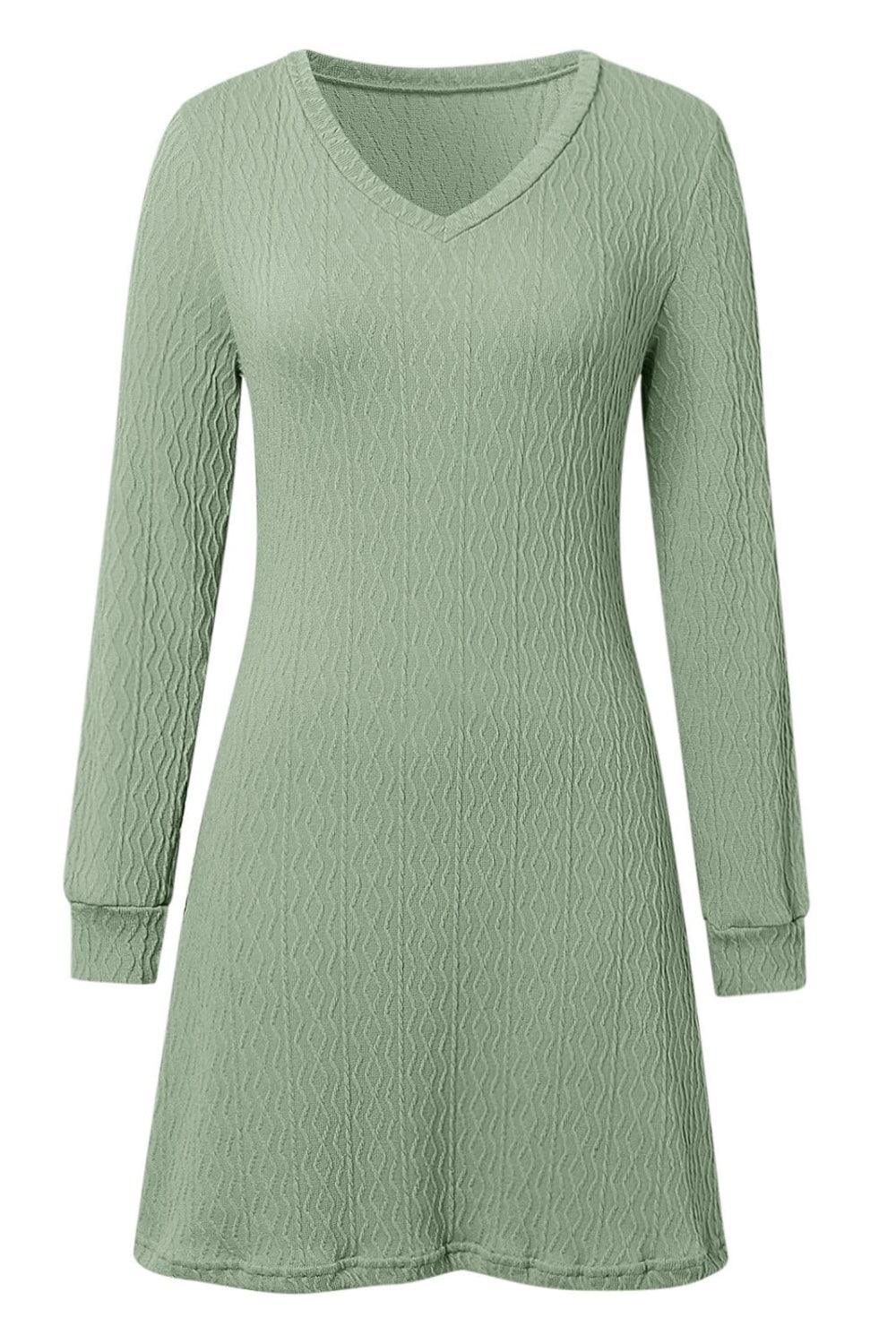 Texture V-Neck Long Sleeve Dress - Trendy by Luna