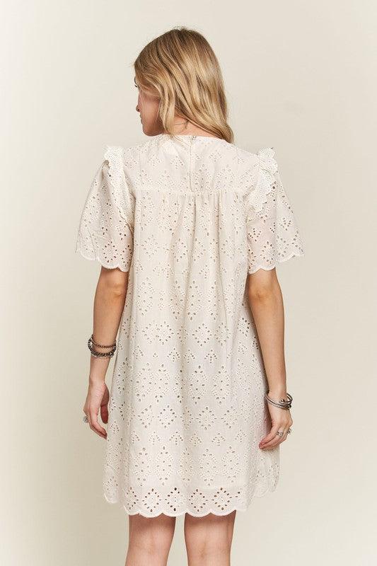 ADORA Ruffled Eyelet Round Neck Dress - Trendy by Luna