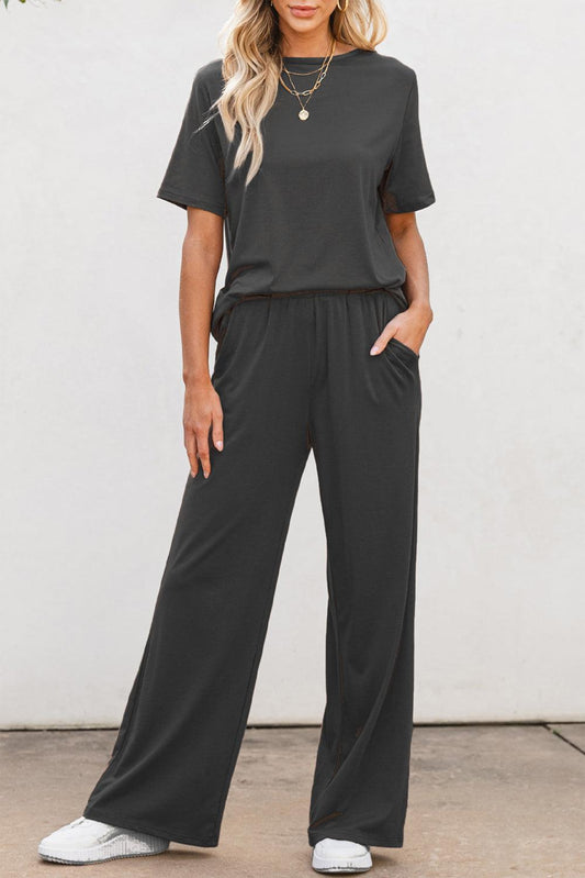 Round Neck Short Sleeve Top and Pants Set - Trendy by Luna