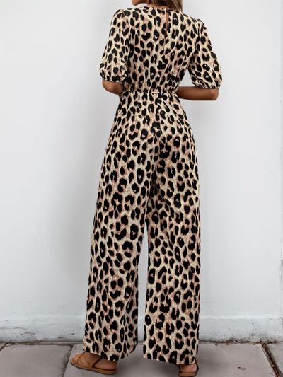 Perfee Tied Leopard Half Sleeve Jumpsuit - Trendy by Luna