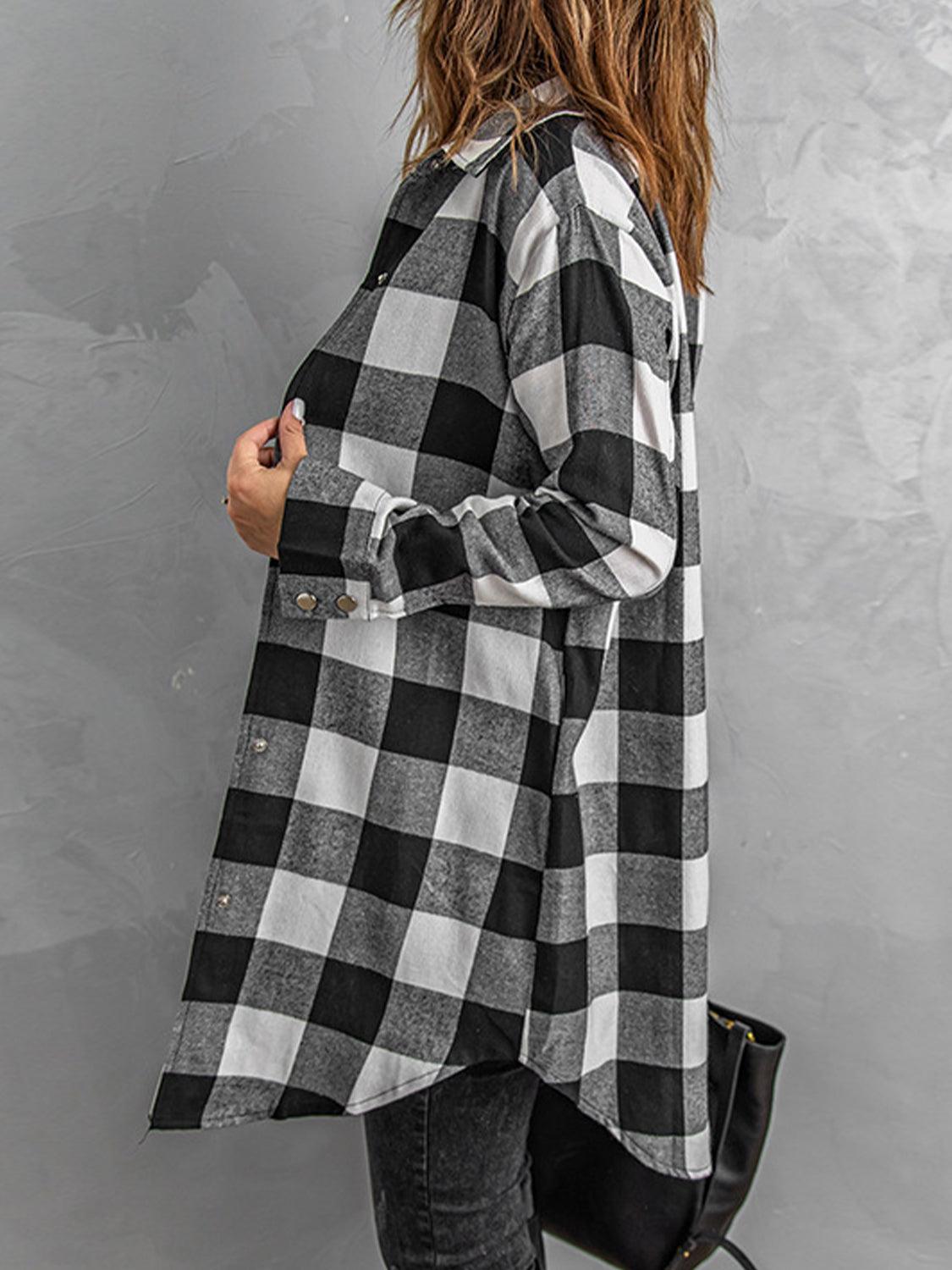 Plaid Snap Down Long Sleeve Jacket - Trendy by Luna