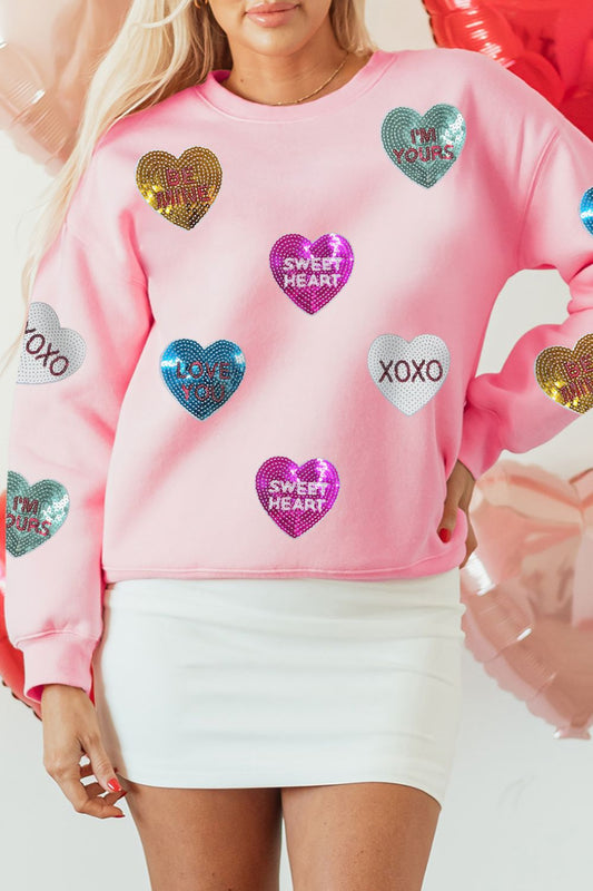 Valentine’s Day Sequin Heart Round Neck Long Sleeve Sweatshirt - Trendy by Luna