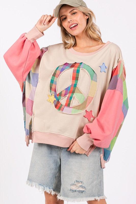 Full Size Contrast Peace Patch Dropped Shoulder Sweatshirt - Trendy by Luna