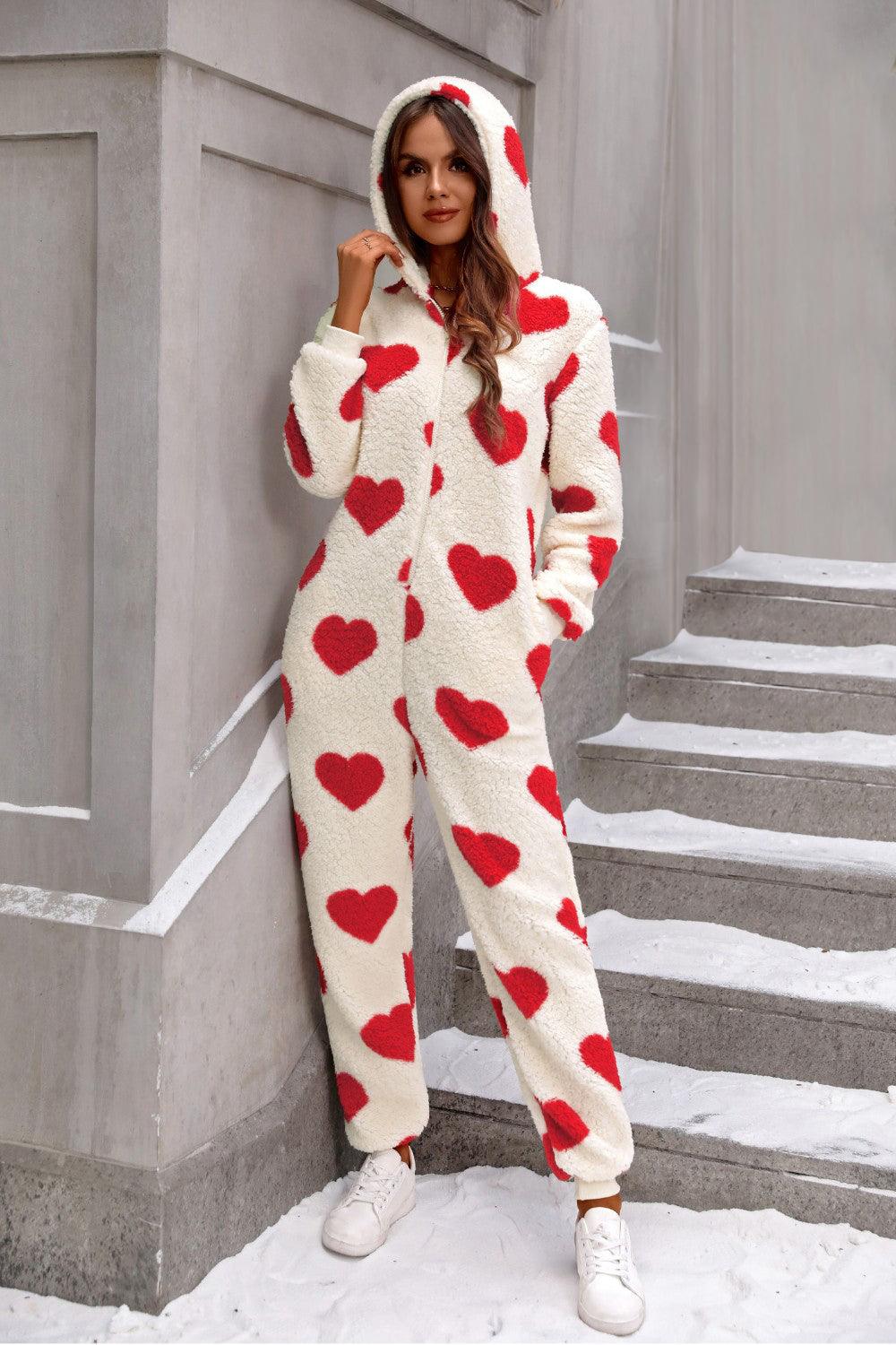 Fuzzy Heart Zip Up Hooded Lounge Jumpsuit - Trendy by Luna