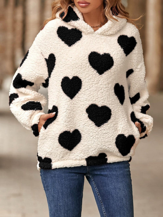 Fuzzy Heart Pocketed Dropped Shoulder Hoodie - Trendy by Luna