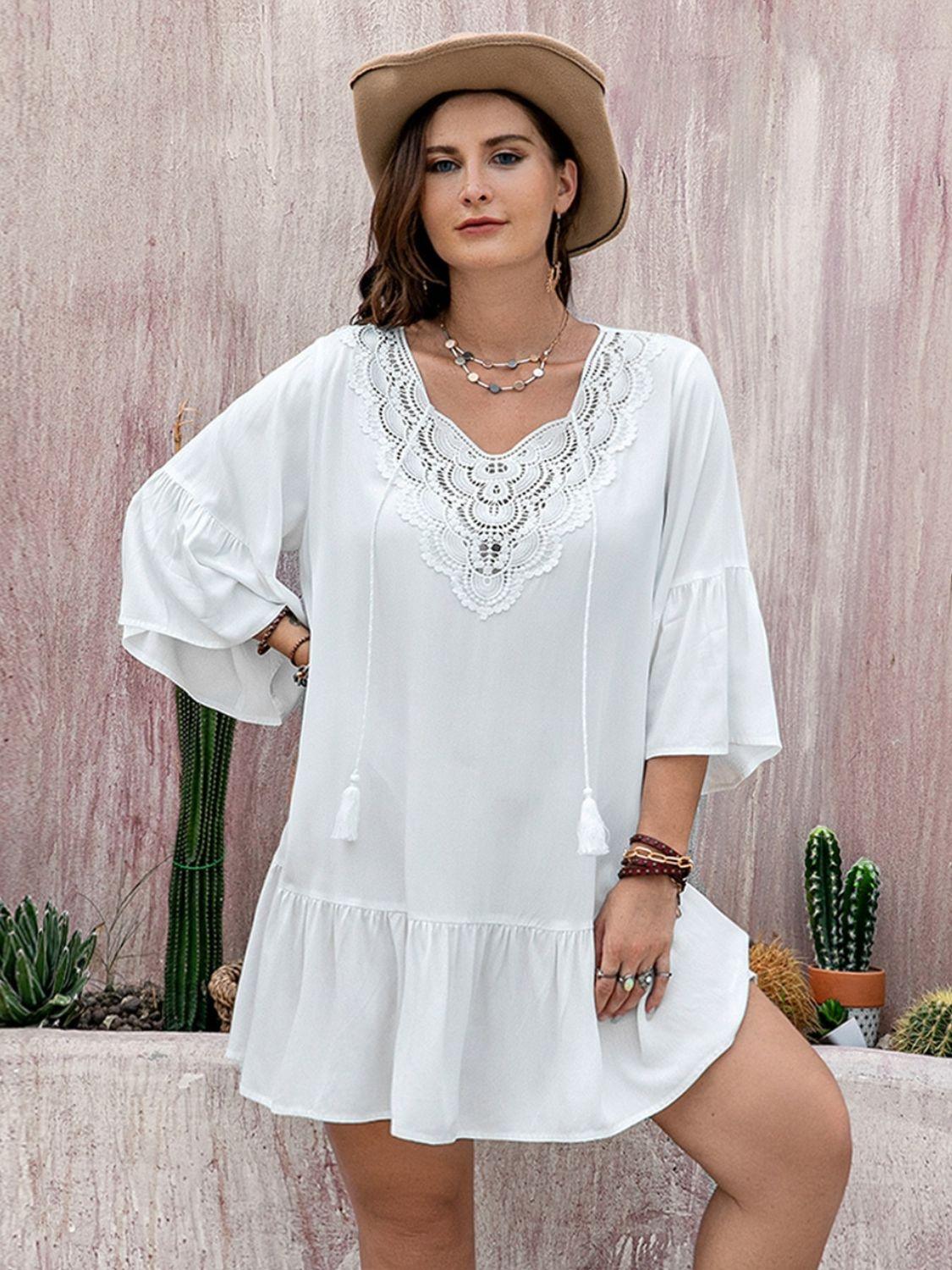 Plus Size Lace Detail Tie Neck Three-Quarter Sleeve Mini Dress - Trendy by Luna