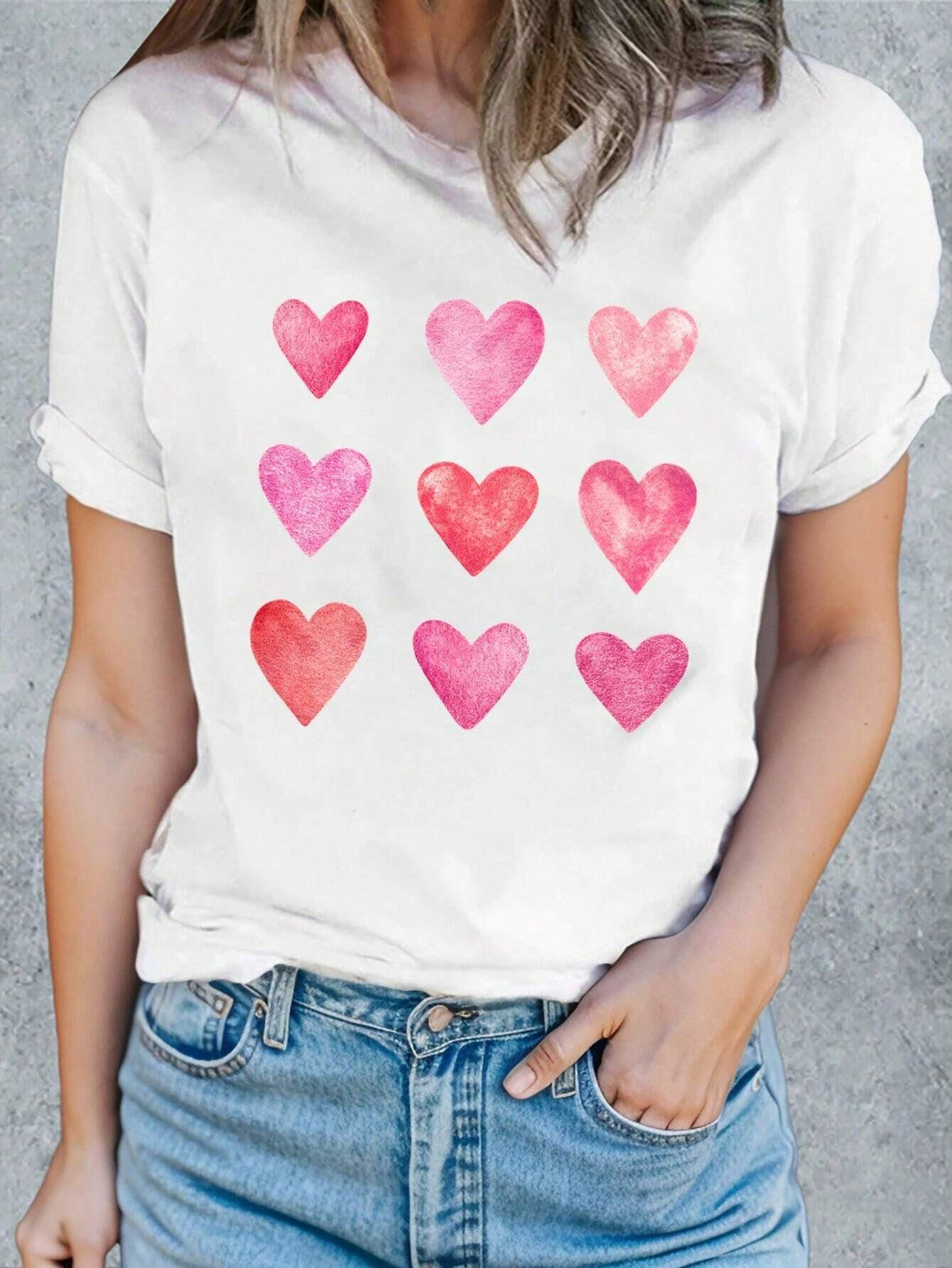 Heart Round Neck Short Sleeve T-Shirt - Trendy by Luna