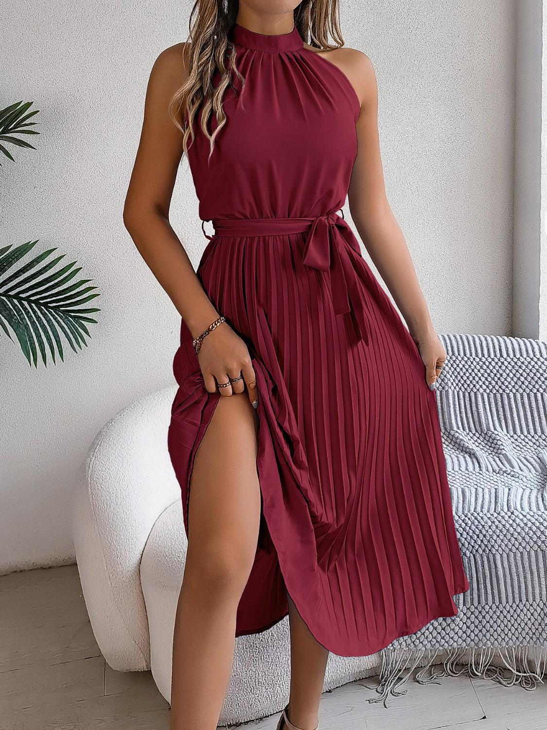 Pleated Tie Waist Sleeveless Midi Dress - Trendy by Luna