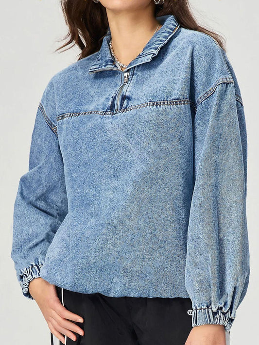 Quarter Zip Collared Neck Denim Top - Trendy by Luna