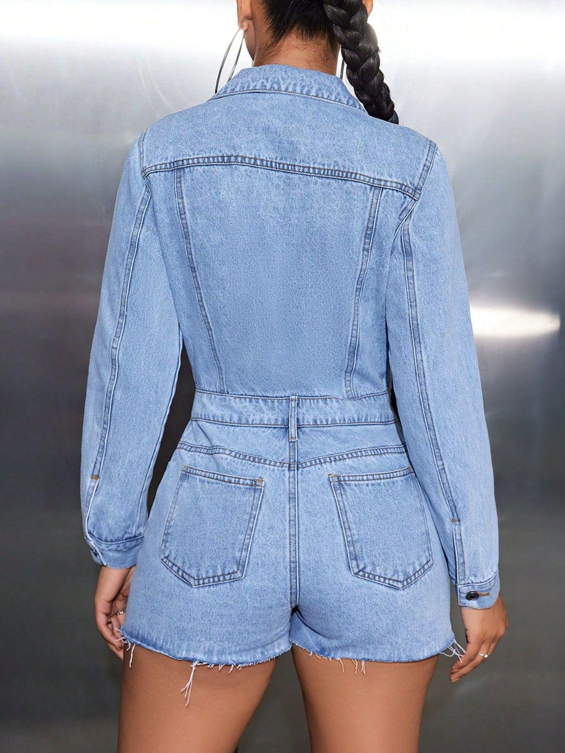 Buttoned Collared Neck Long Sleeve Denim Romper - Trendy by Luna