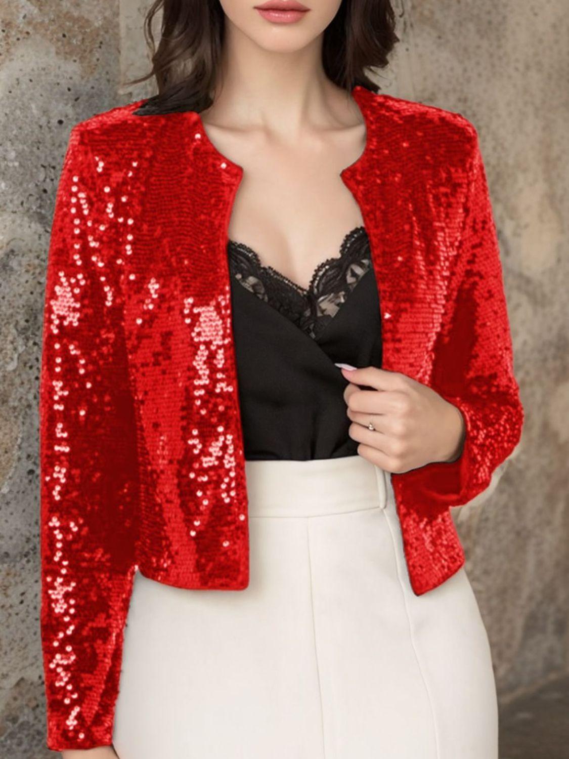 Full Size Sequin Open Front Cropped Jacket - Trendy by Luna