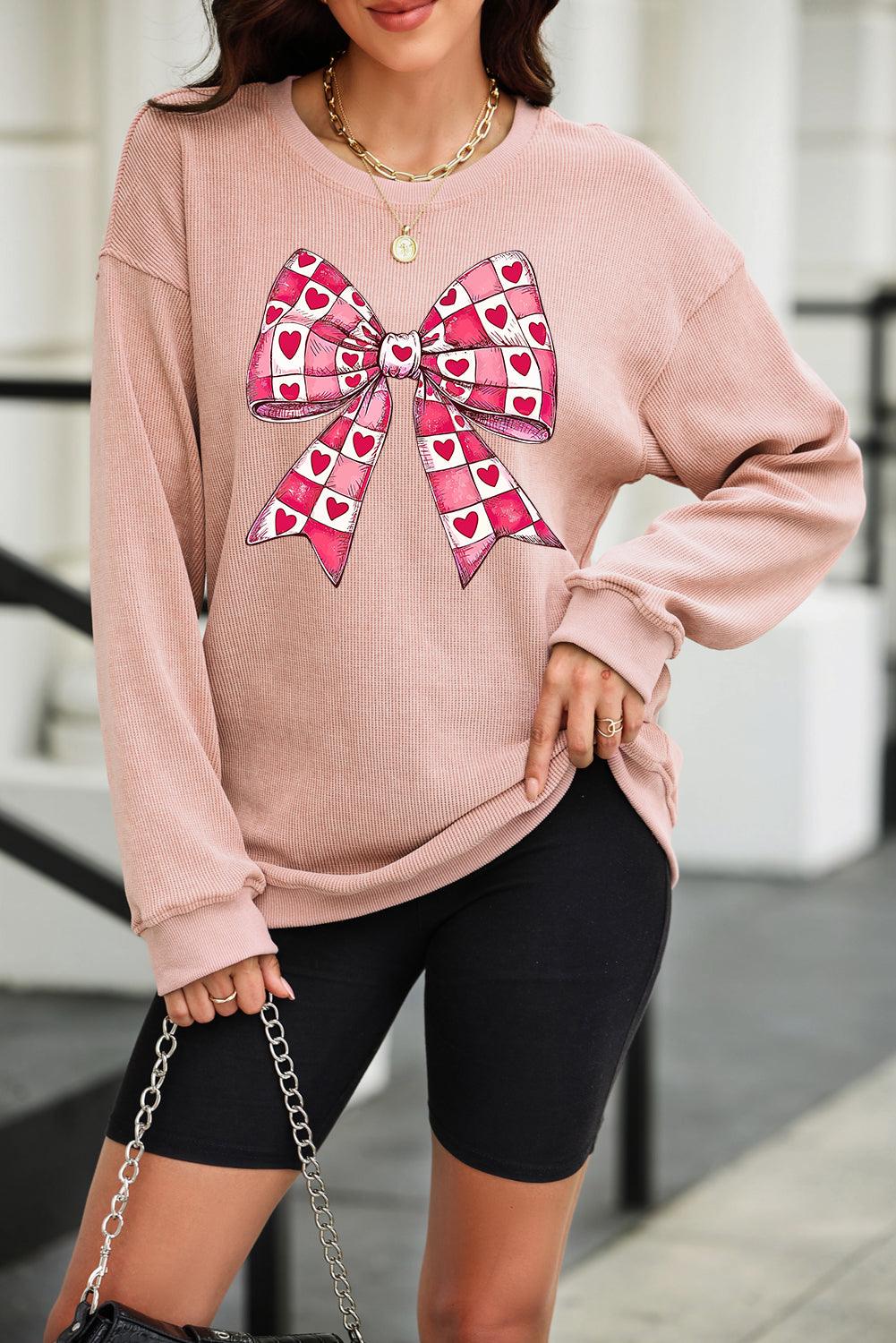 Valentine’s Day Bow Drop Shoulder Long Sleeve Sweatshirt - Trendy by Luna