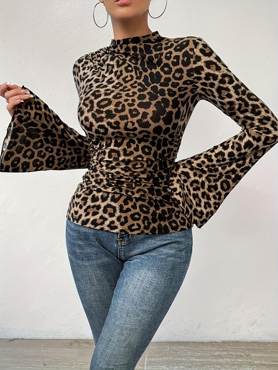 Leopard Mock Neck Flare Sleeve Top - Trendy by Luna