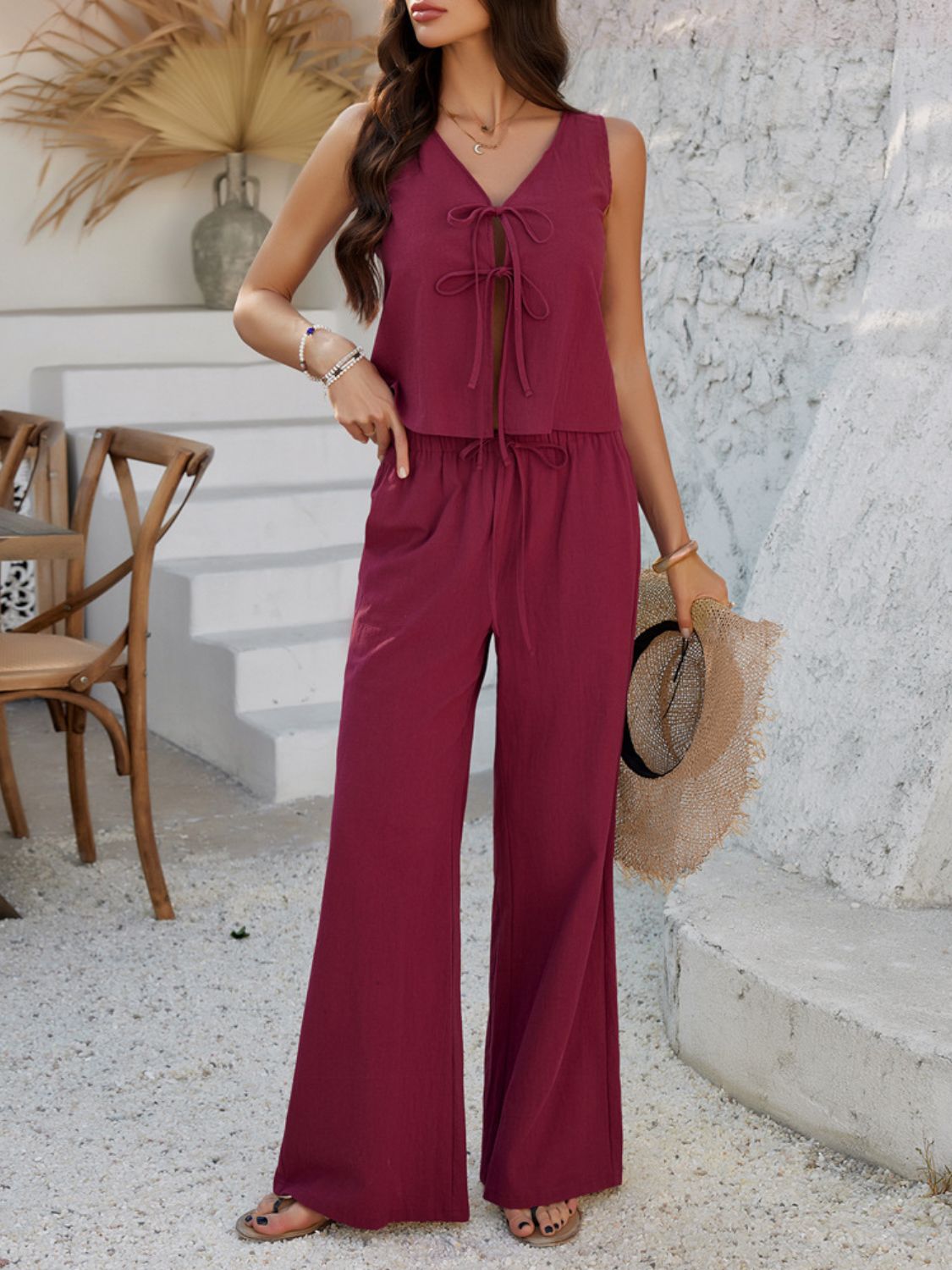 Tied V-Neck Sleeveless Top and Pants Set - Trendy by Luna