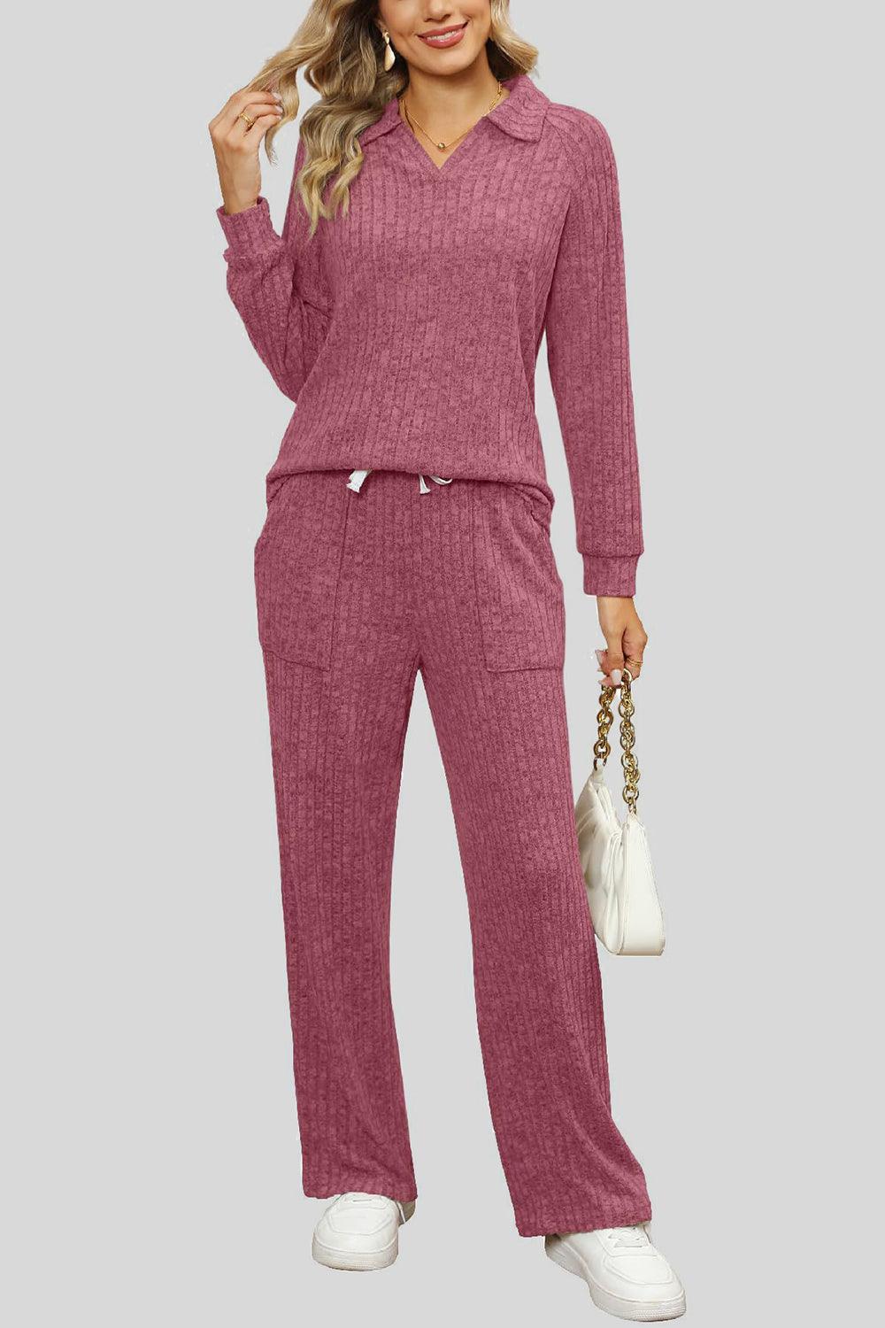 Ribbed Long Sleeve Top and Pocketed Pants Set - Trendy by Luna