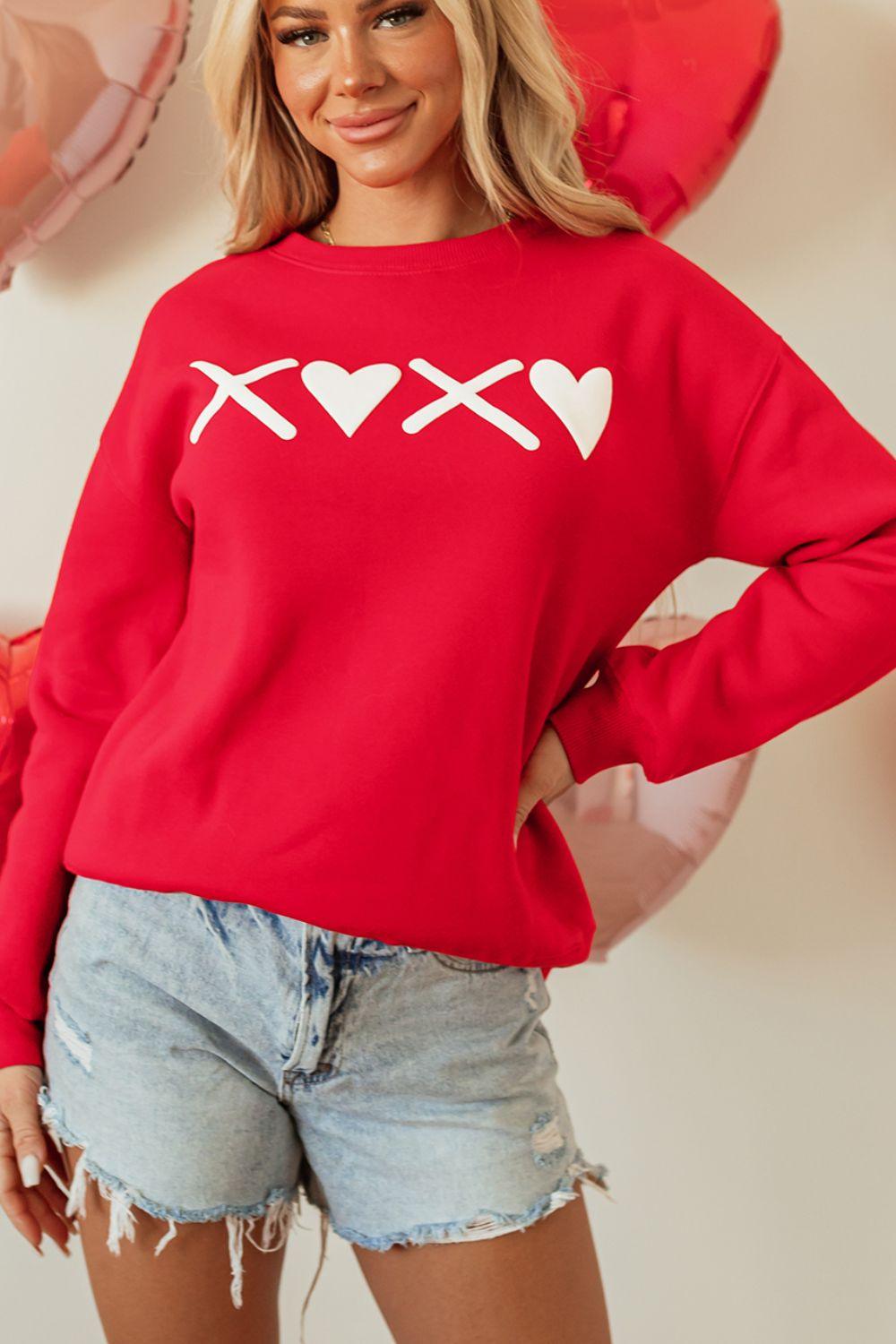 Valentine’s Day XOXO Round Neck Drop Shoulder Sweatshirt - Trendy by Luna