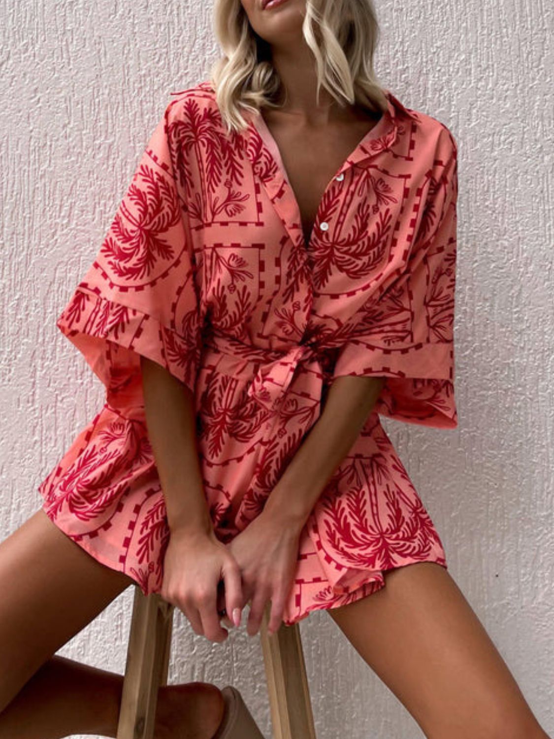 Printed Tie Waist Half Sleeve Romper