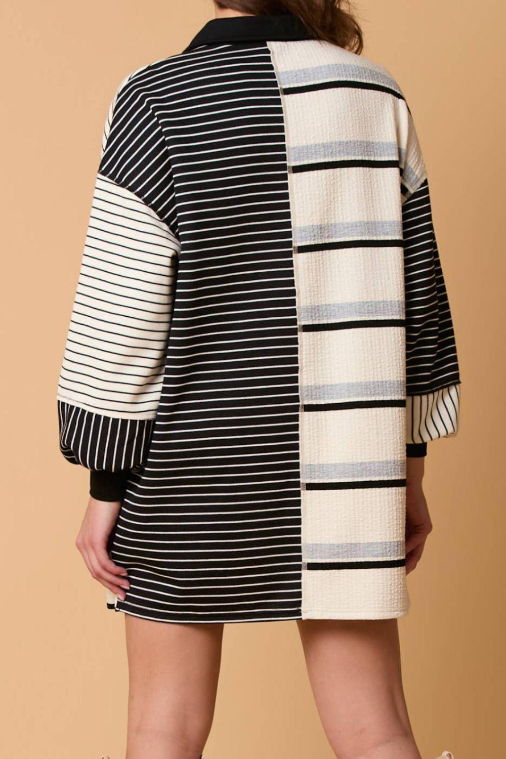 Striped Patchwork Long Sleeve Mini Dress - Trendy by Luna