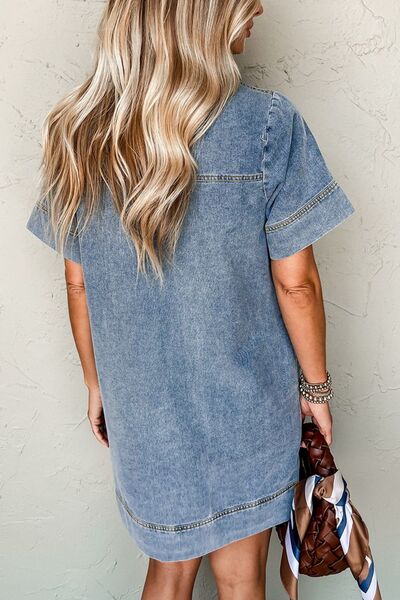 Short Sleeve Collared Patched Pocket Denim Mini Dress - Trendy by Luna