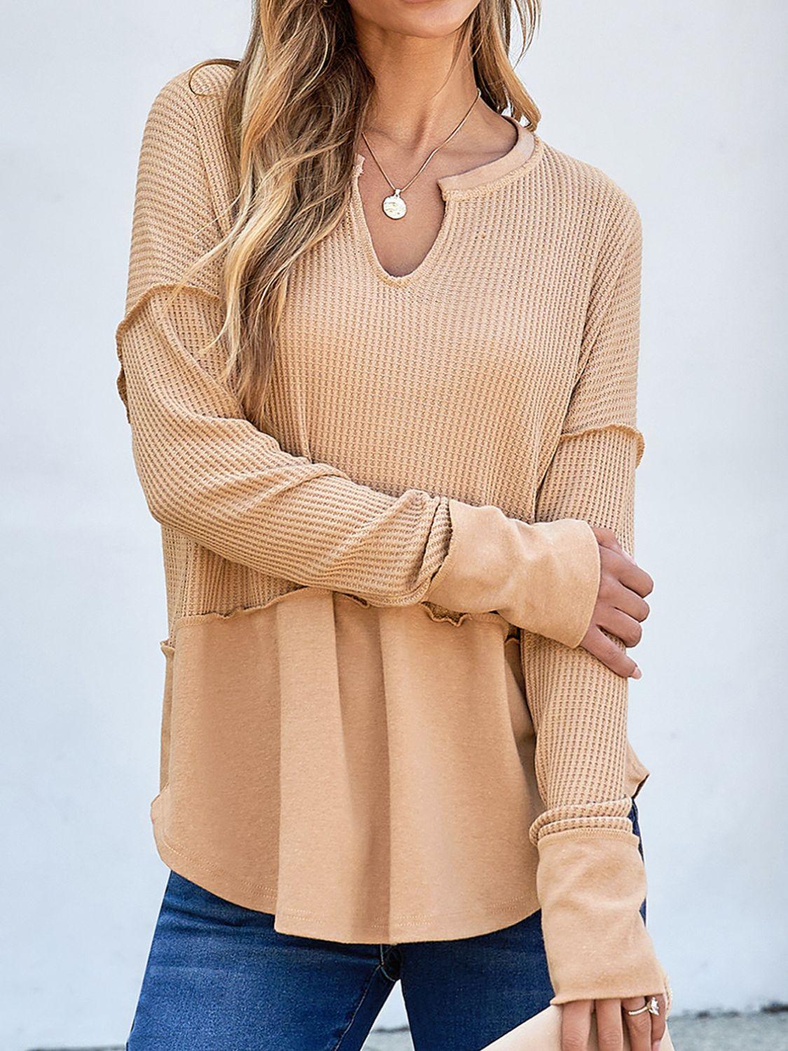 Waffle-Knit Notched Long Sleeve T-Shirt - Trendy by Luna