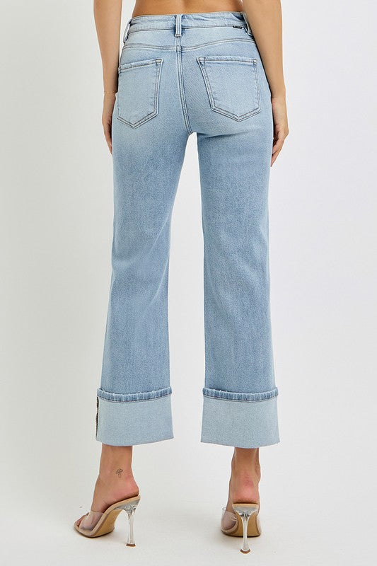 Plus Size Ankle Straight Leg Cuffed Jeans