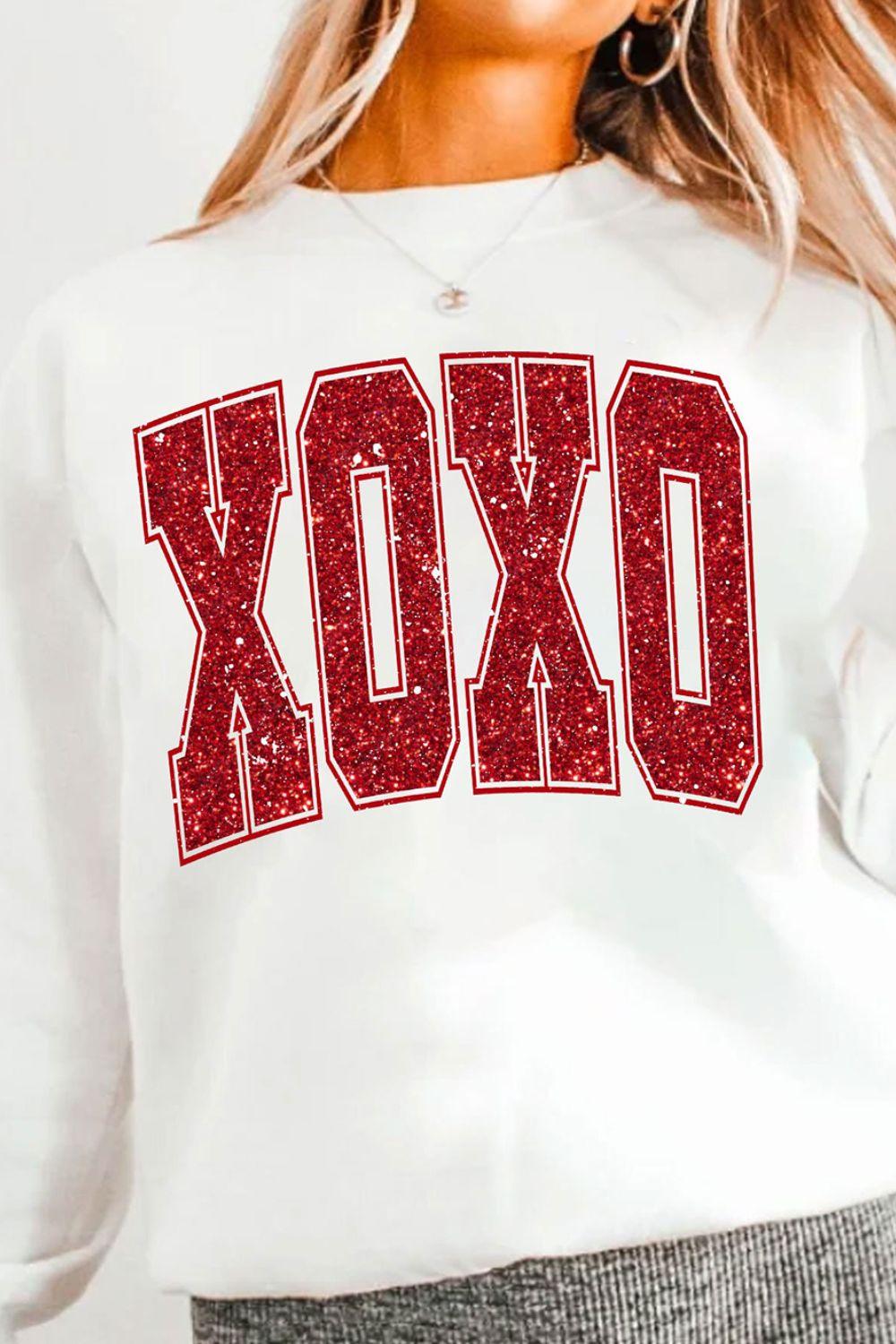 Valentine’s Day XOXO Glitter Round Neck Sweatshirt - Trendy by Luna