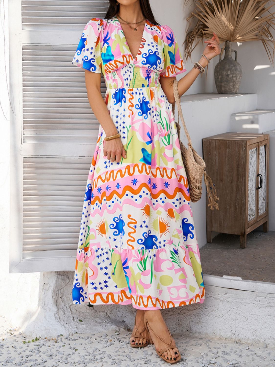 Smocked Printed V-Neck Short Sleeve Maxi Dress - Trendy by Luna