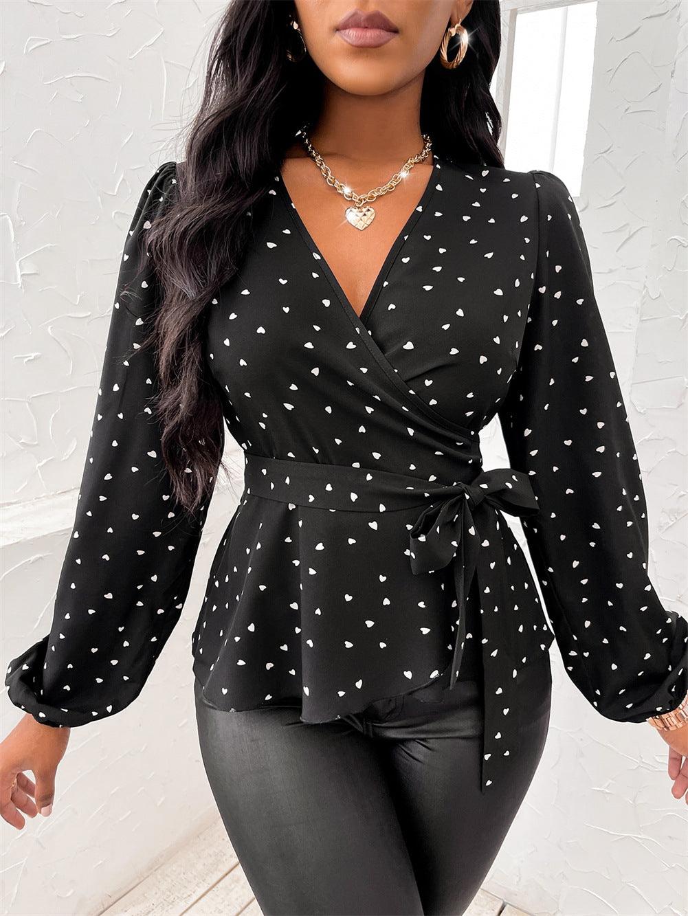 Heart Print Surplice Balloon Sleeve Blouse - Trendy by Luna