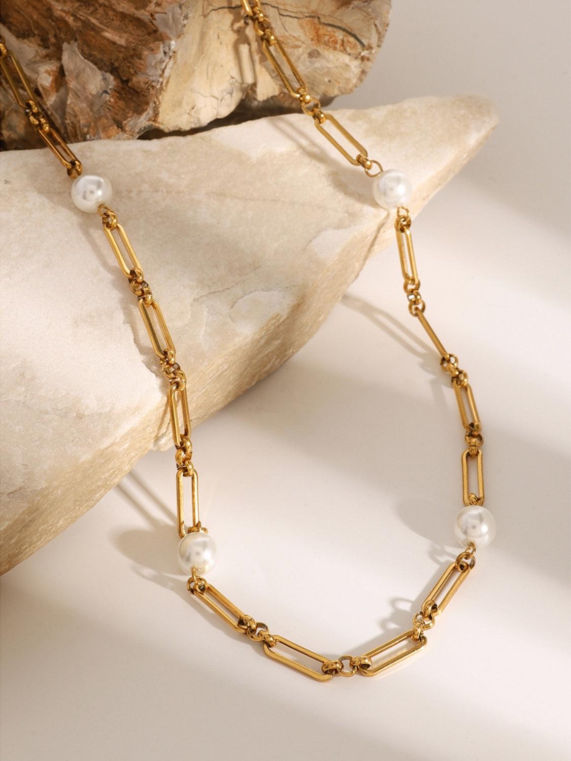 Stainless Steel Pearl Chain Necklace - Trendy by Luna