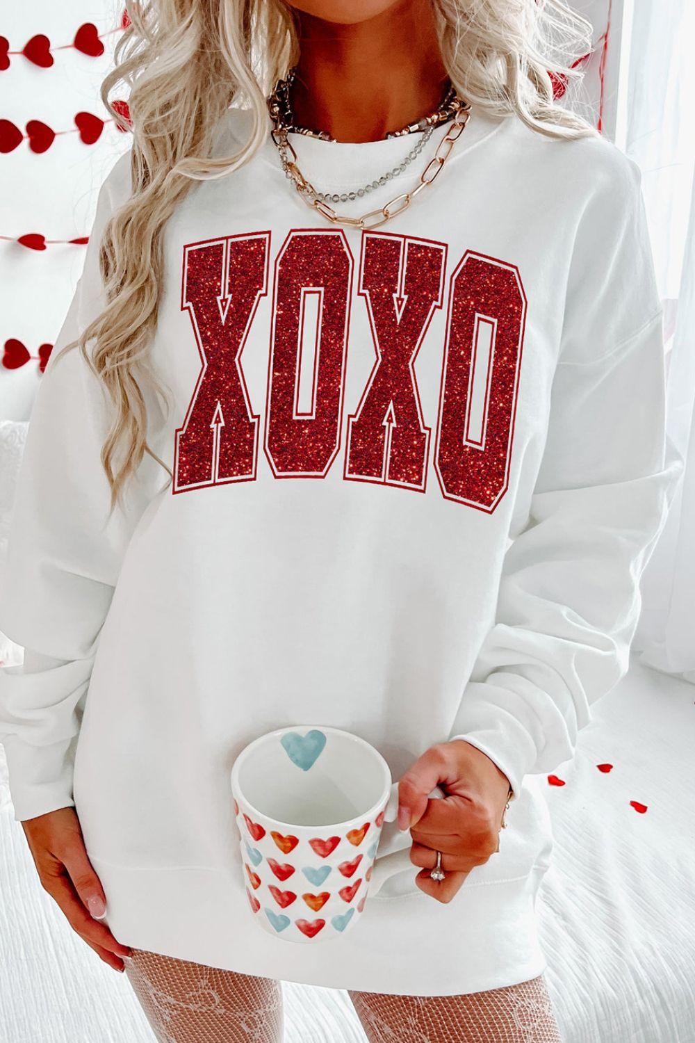 Valentine’s Day XOXO Glitter Round Neck Sweatshirt - Trendy by Luna