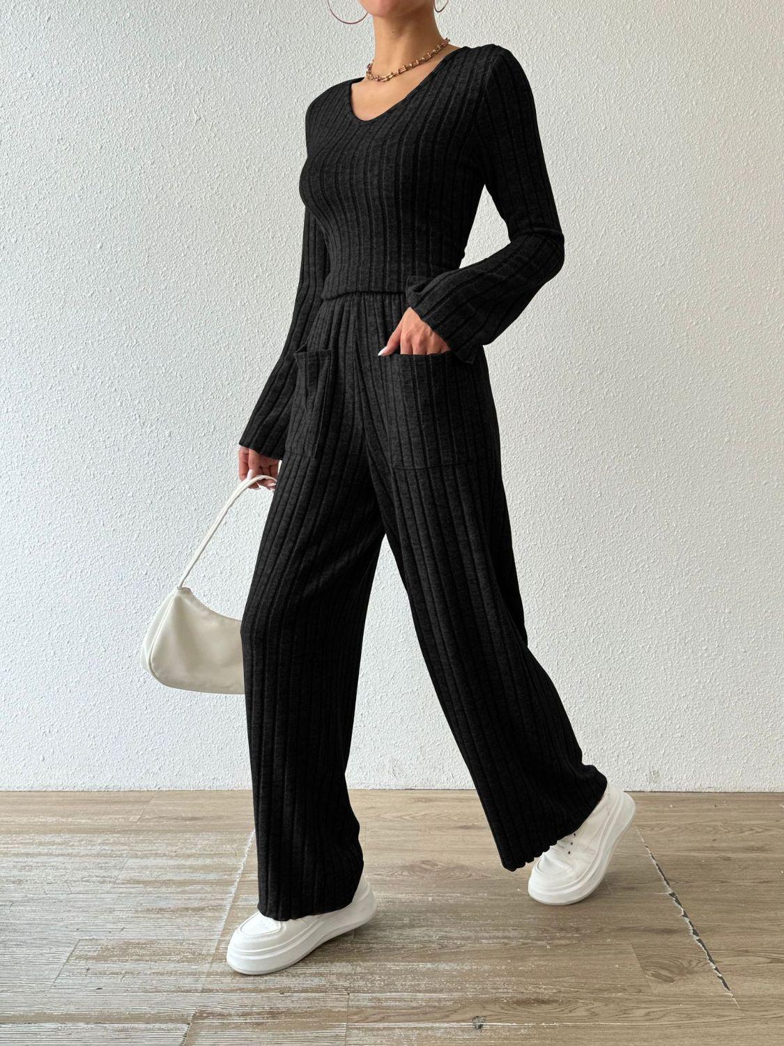 Ribbed V-Neck Long Sleeve Top and Pocketed Pants Set - Trendy by Luna