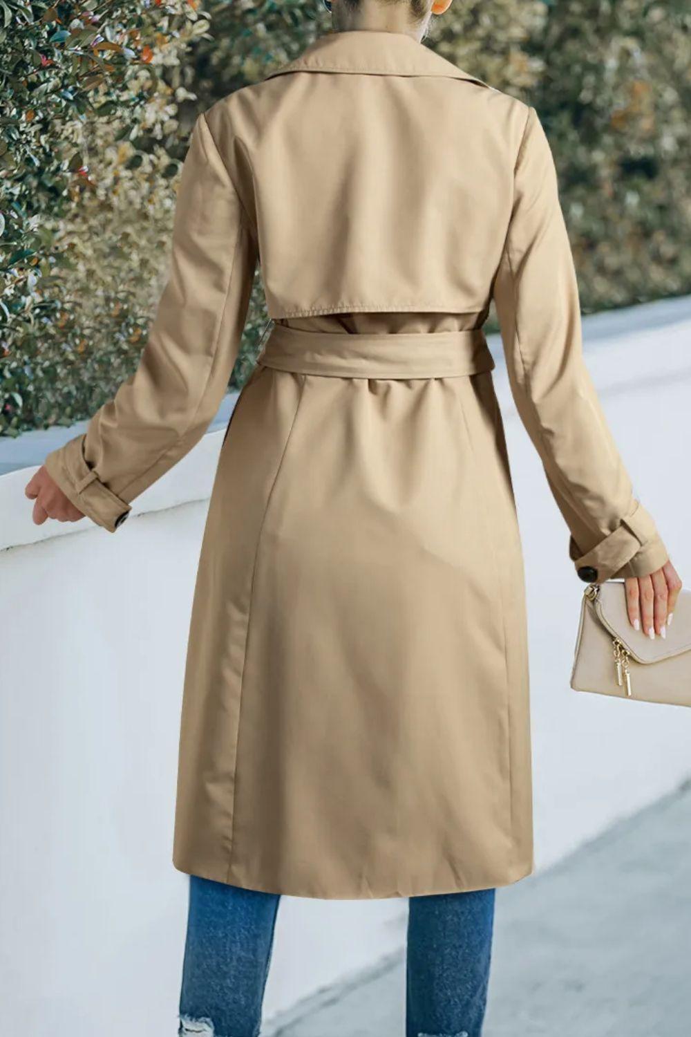 Collared Neck Tie Waist Buttoned Long Sleeve Trench Coat - Trendy by Luna