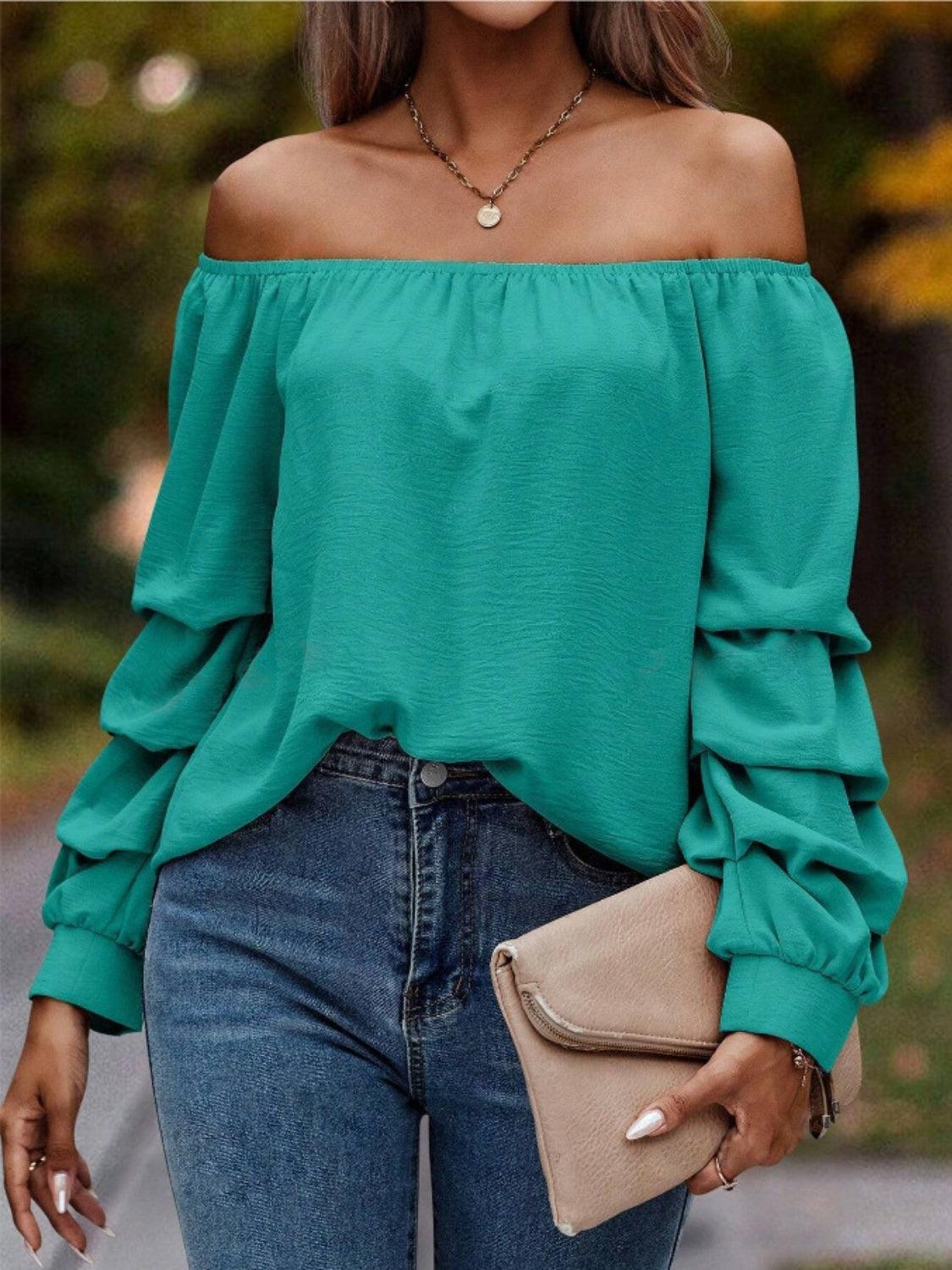 Ruched Off-Shoulder Long Sleeve Blouse - Trendy by Luna