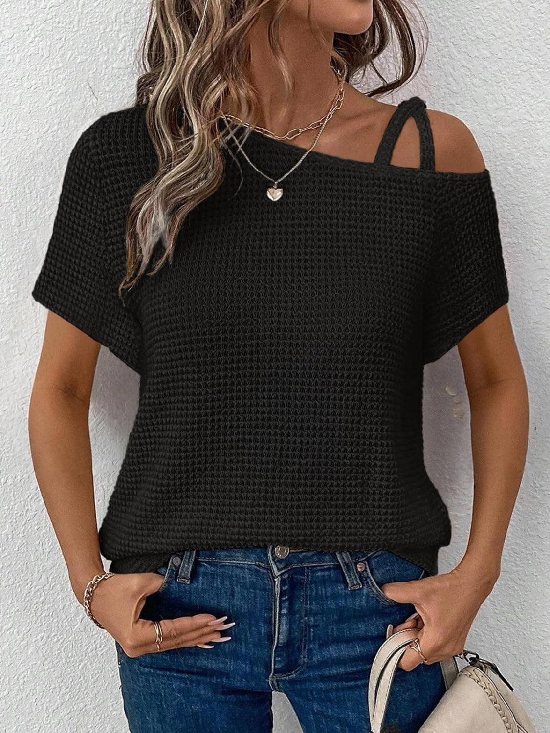 Asymmetrical Neck Short Sleeve T-Shirt - Trendy by Luna