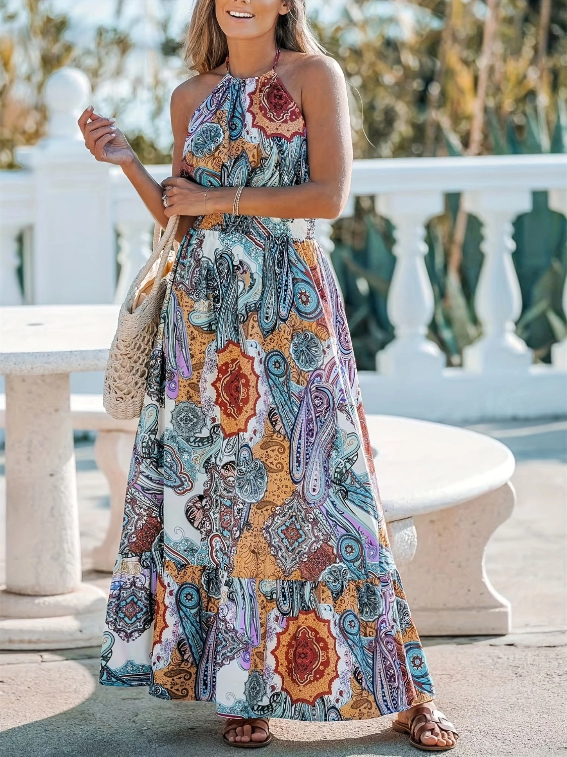 Printed Halter Neck Maxi Dress - Trendy by Luna