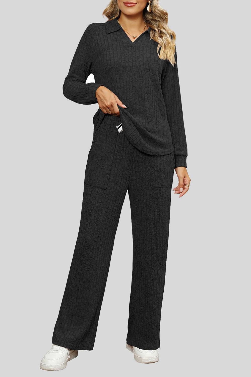 Ribbed Long Sleeve Top and Pocketed Pants Set - Trendy by Luna