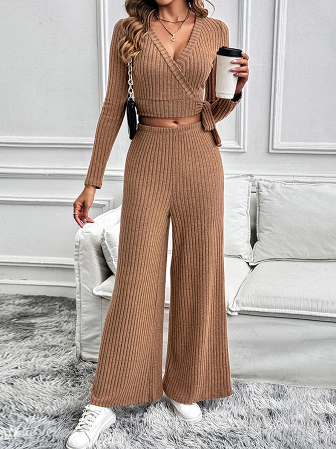 Perfee Surplice Long Sleeve Top and Pants Set - Trendy by Luna